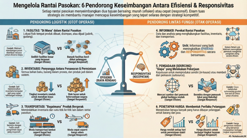Diagram alur pendorong kinerja rantai pasok yang menghubungkan fasilitas, inventaris, dan transportasi dengan kinerja finansial perusahaan