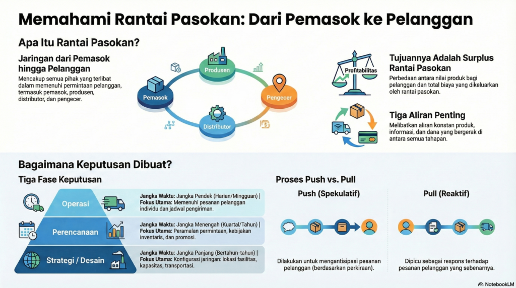 Diagram yang menjelaskan jaringan organisasi terintegrasi dari pemasok bahan baku hingga konsumen akhir untuk menciptakan nilai bersih 
