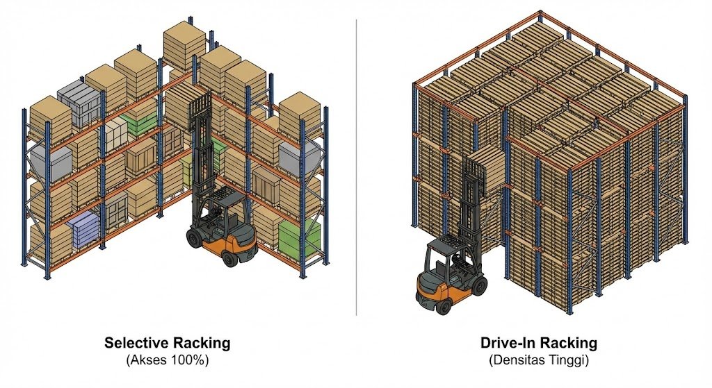 Jenis Rak Gudang Selective vs Drive-In