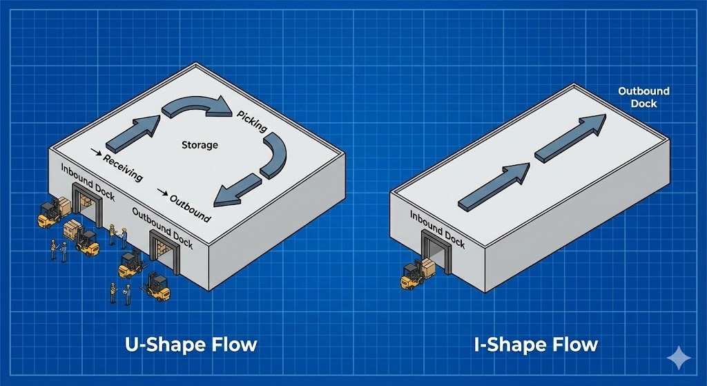 Ilustrasi Layout Gudang U-Shape vs I-Shape