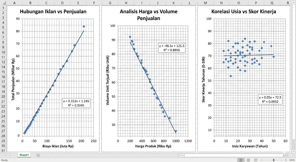 Statistika Bisnis Sesi 12 Serangkaian scatter plot yang menunjukkan korelasi positif antara iklan dan penjualan, korelasi negatif antara harga dan volume penjualan, serta korelasi lemah antara usia karyawan dan skor kinerja.