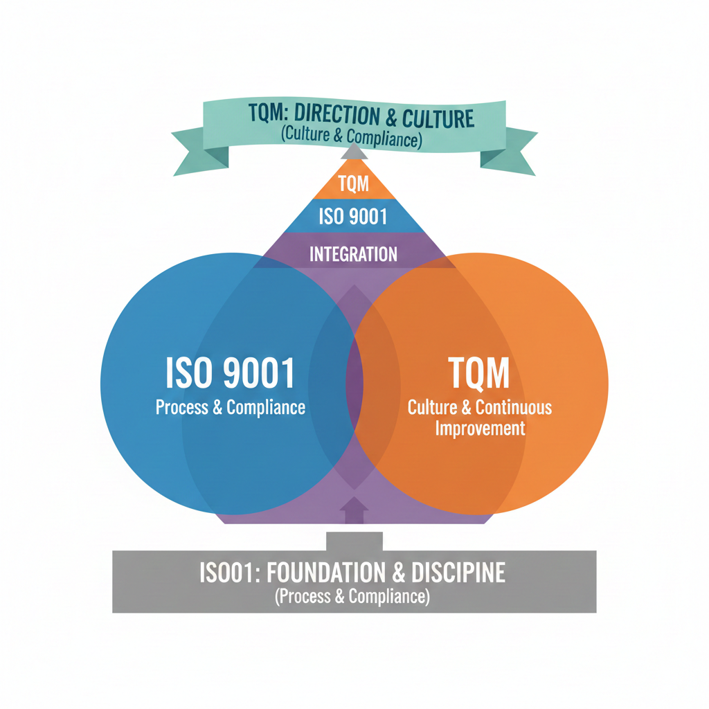 Conceptual Framework] hubungan ISO 9001 (Process & Compliance) ↔ TQM (Culture & Continuous Improvement)