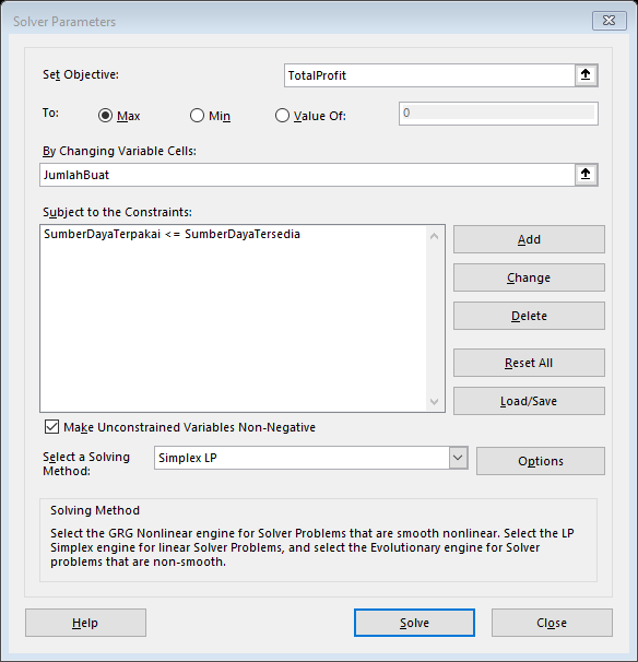 Kunci Utama Menerjemahkan Masalah Bisnis ke Excel Solver 7 dialog masukan solver parameter