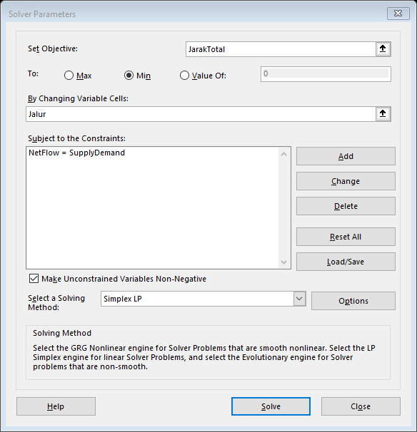 mencari-rute-paling-cepat-model-jalur-terpendek-excel-solver kotak dialog Solver Parameter dari Halaman 32/33 yang menunjukkan masukan constraint SupplyDemand.