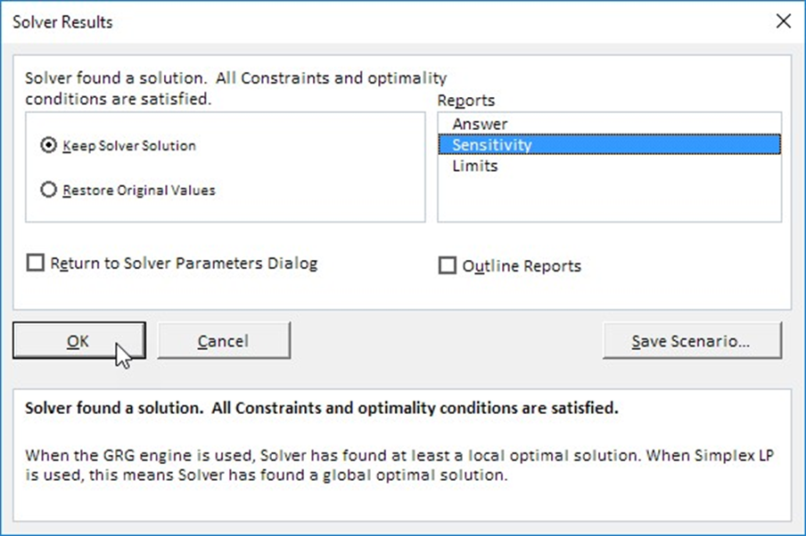 membaca-laporan-sensitivitas-sensitivity-report-excel-solver Sebelum anda mengklik OK, pilih Sensitivity dari bagian Reports