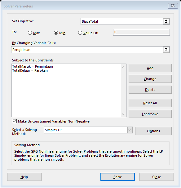 optimasi-biaya-logistik-model-transportasi-excel-solver gambar Kotak Dialog Parameter Solver untuk Model Transportasi