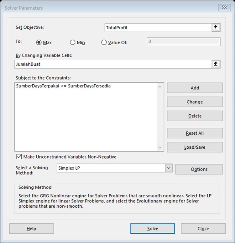 praktik-langsung-solver-studi-kasus-mebel-apik . Dialog masukan Solver Parameter