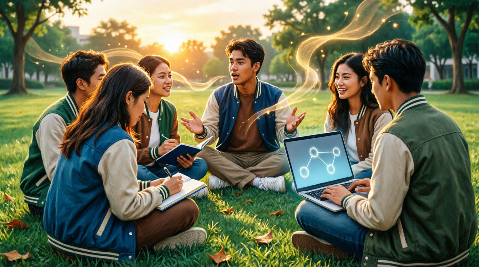Mahasiswa berdiskusi di taman kampus dengan laptop berdiagram jaringan