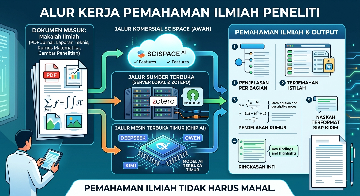 Bagan alur pemahaman makalah ilmiah: PDF jurnal, laporan teknis, rumus matematika, dan gambar penelitian diproses peneliti melalui tiga jalur — SciSpace komersial, sumber terbuka, dan mesin terbuka Timur — menghasilkan penjelasan per bagian, terjemahan istilah, penjelasan rumus, dan ringkasan inti.