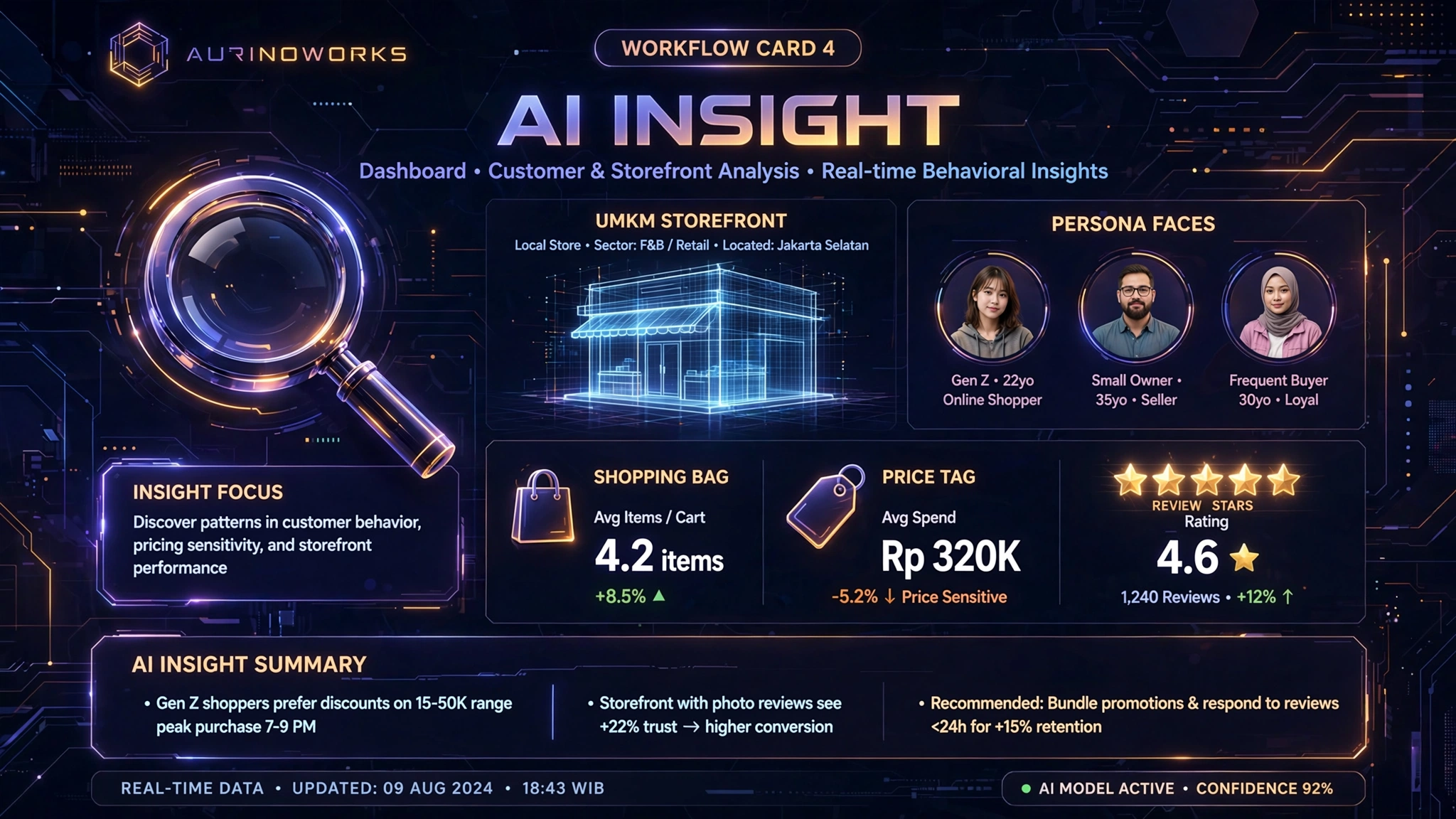 Dashboard AI Insight: analisis storefront UMKM, persona pelanggan, dan metrik perilaku belanja