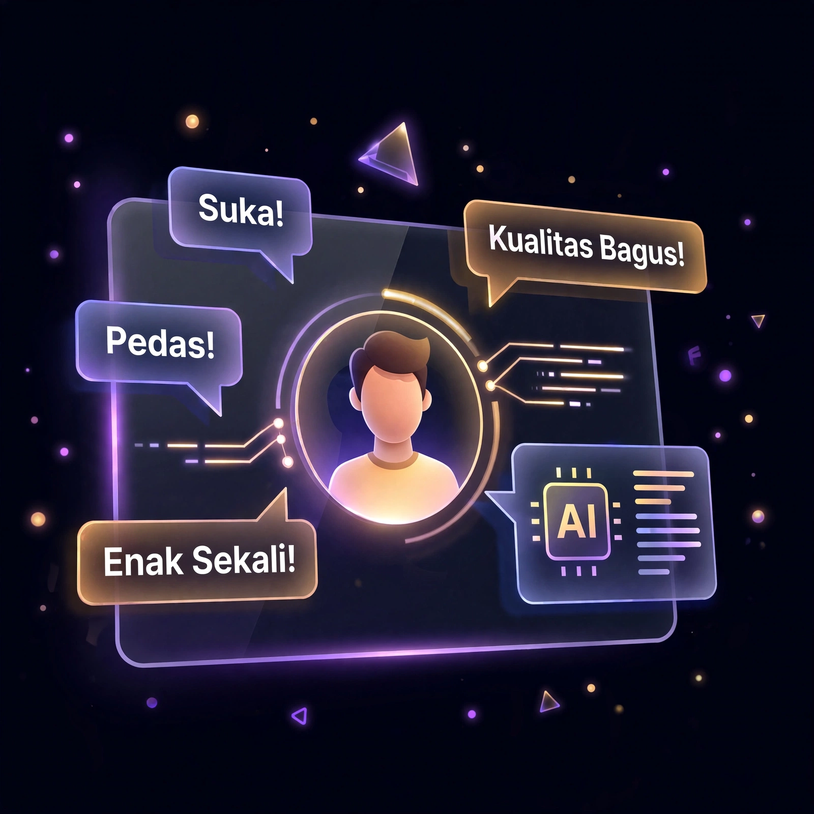 Kartu persona pelanggan dengan ulasan: Suka!, Pedas!, Enak Sekali!, Kualitas Bagus!