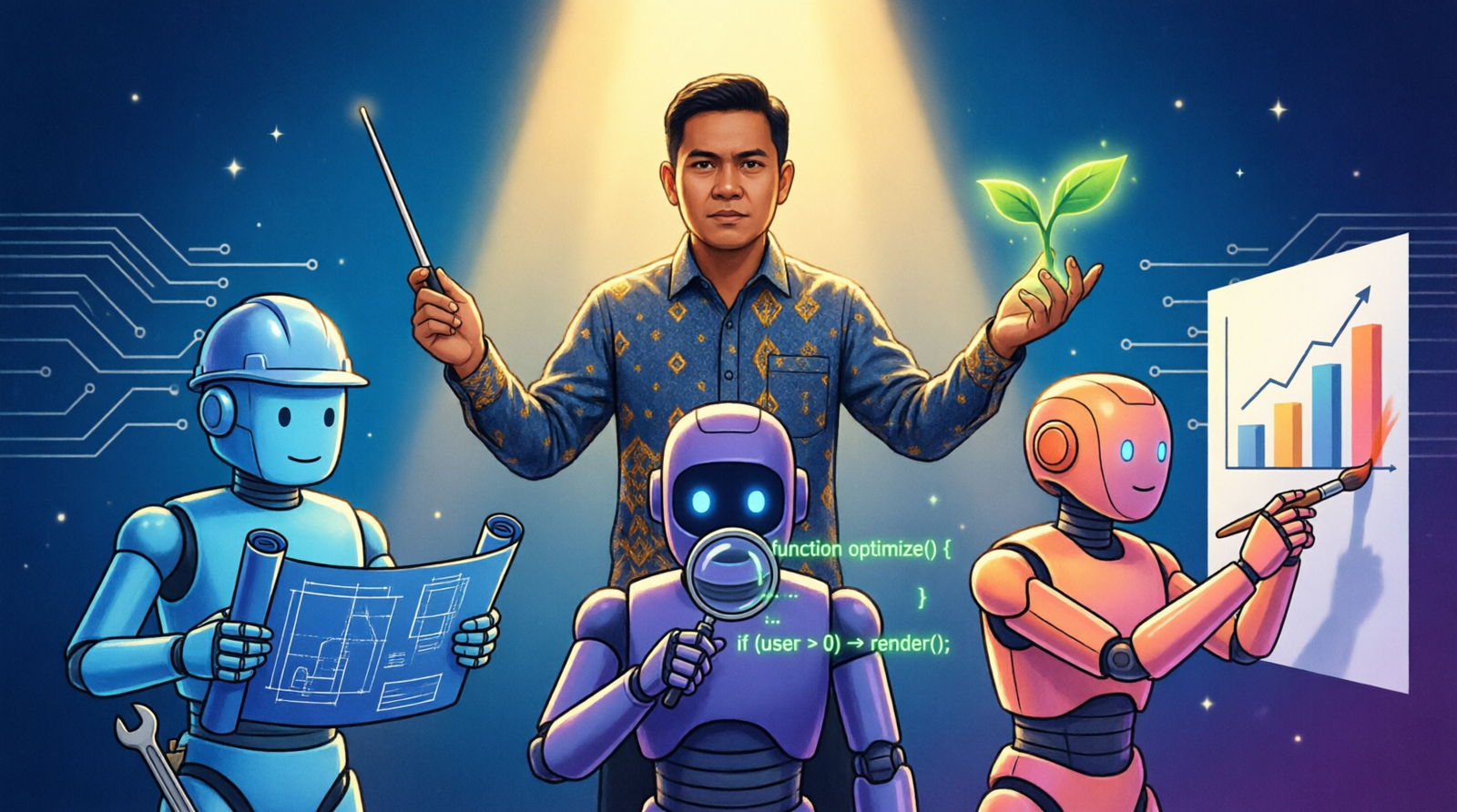 Ilustrasi manusia konduktor berbaju batik memimpin tiga robot AI: arsitek biru, editor ungu, dan artis oranye